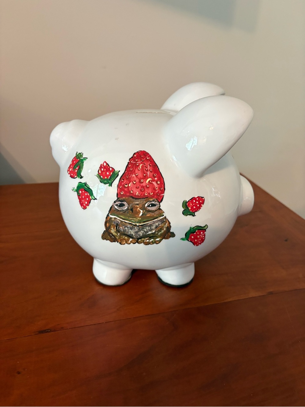 Strawberry Frog Piggy Bank Hand Painted Ceramic Cottagecore Whimsical Decor